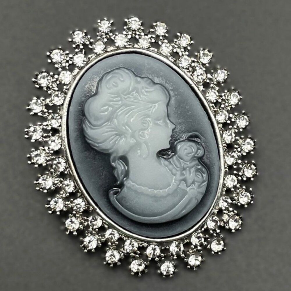 Silver with White Diamond Crystal Victorian Lady Maiden Cameo Pin Back Brooch